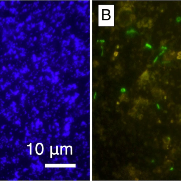 Colonizzazione microbica esistente nelle vene riempite di minerali in rocce ignee di 2 miliardi di anni fa del complesso igneo del Bushveld, Sudafrica. (A) Immagini con ingrandimento di 1000 volte di microsfere fluorescenti e (B) cellule microbiche colorate con Sybr Green. Crediti: Microbial Ecology