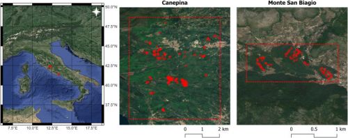 Località di Canepina (Monti Cimini) e Monte San Biagio in Italia. Centro e destra: le aree di campionamento del terreno (in rosso) in ciascun sito