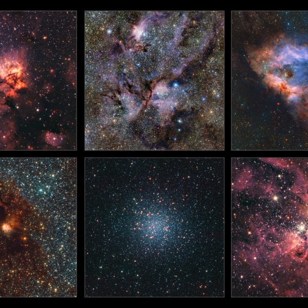 Questo collage mette in risalto una piccola selezione di regioni della Via Lattea. Da sinistra a destra e dall'alto in basso trovate Ngc 3576, Ngc 6357, Messier 17, Ngc 6188, Messier 22 e Ngc 3603. Sono tutte nubi di gas e polvere in cui si stanno formando stelle, tranne Messier 22, che è un gruppo molto denso di vecchie stelle. Le immagini sono state acquisite con il telescopio Vista dell'Eso e la sua camera a infrarossi Vircam. La mappa a cui appartengono queste immagini contiene 1,5 miliardi di oggetti. I dati sono stati raccolti nel corso di 13 anni nell'ambito della survey Vvv e del suo progetto complementare, la survey Vvvx. Crediti: Eso/Vvvx survey