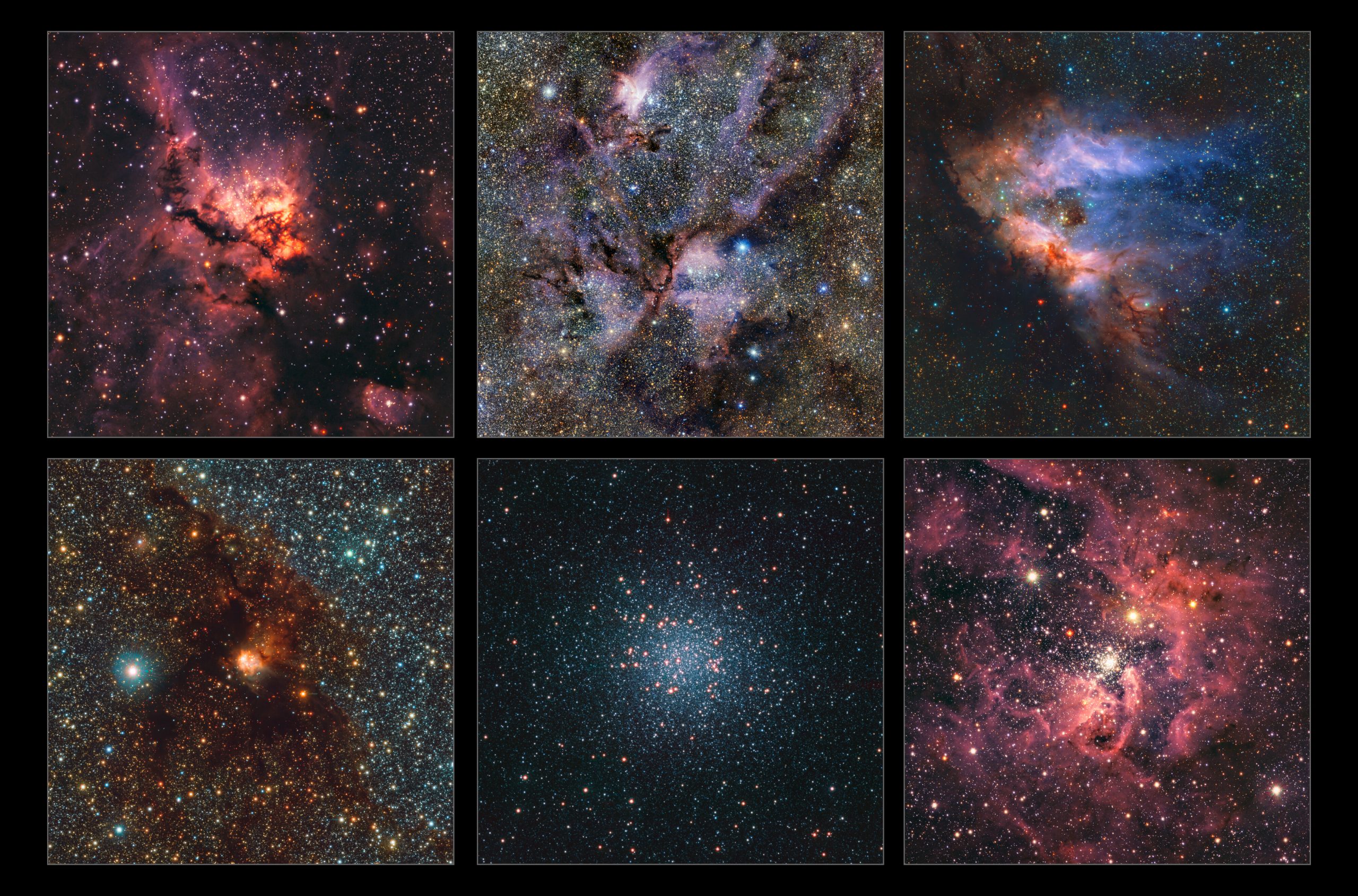 Questo collage mette in risalto una piccola selezione di regioni della Via Lattea. Da sinistra a destra e dall'alto in basso trovate Ngc 3576, Ngc 6357, Messier 17, Ngc 6188, Messier 22 e Ngc 3603. Sono tutte nubi di gas e polvere in cui si stanno formando stelle, tranne Messier 22, che è un gruppo molto denso di vecchie stelle. Le immagini sono state acquisite con il telescopio Vista dell'Eso e la sua camera a infrarossi Vircam. La mappa a cui appartengono queste immagini contiene 1,5 miliardi di oggetti. I dati sono stati raccolti nel corso di 13 anni nell'ambito della survey Vvv e del suo progetto complementare, la survey Vvvx. Crediti: Eso/Vvvx survey