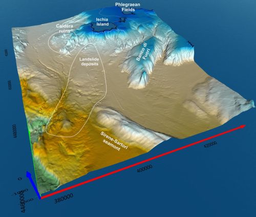 Immagine tridimensionale del fondale marino investigato con le principali scoperte morfologiche