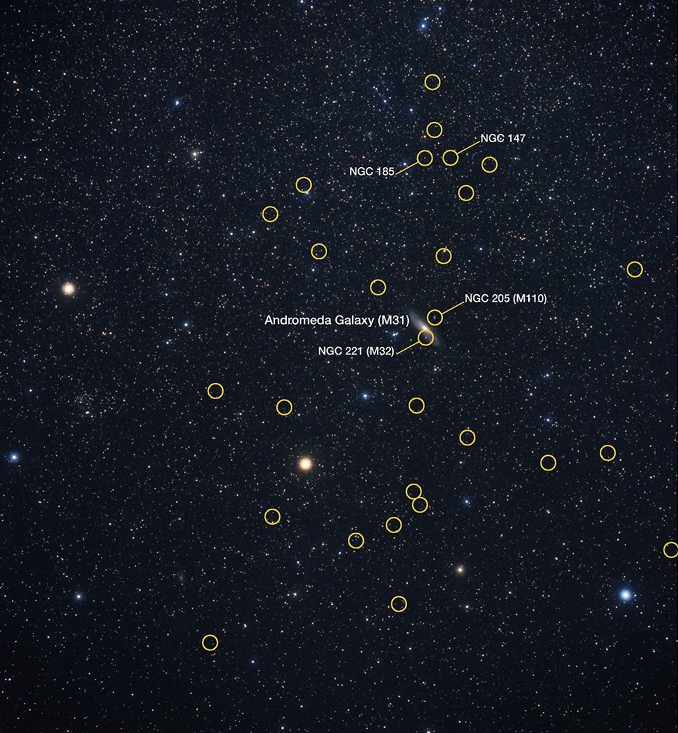 Il sistema di galassie nane che circonda la Galassia di Andromeda (M31) in un’immagine realizzata da terra. Le trentasei galassie nane oggetto dello studio appaiono come dei granelli di polvere all’interno dei cerchi. Oltre a M31, dalla forma a sigaro e visibile vicino al centro dell’immagine, la galassia più prominente è M32, che nell’immagine appare come un punto localizzato su di essa. Crediti: Nasa, Esa, Alessandro Savino (Uc Berkeley), Joseph DePasquale (Stsci), Akira Fujii Dss2